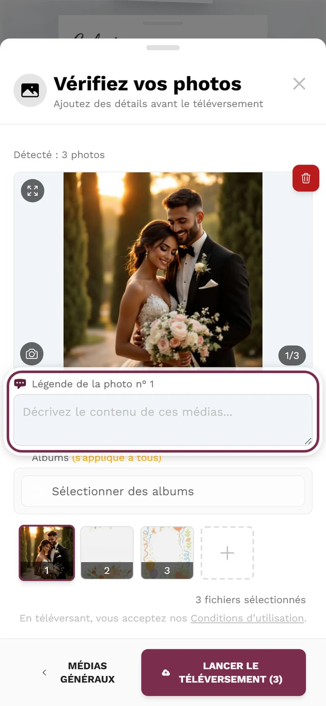 Écran de vérification du téléversement avec le champ de légende mis en évidence