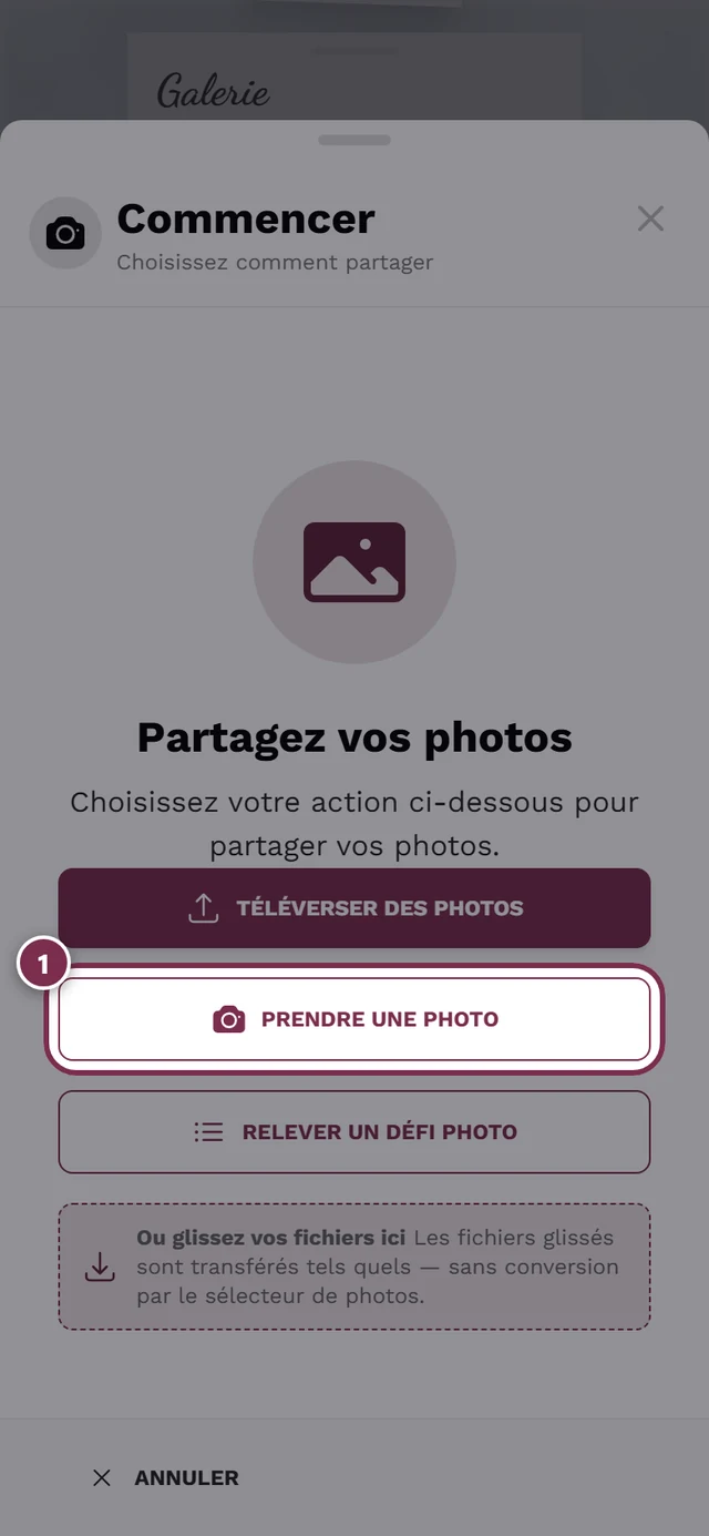 Fenêtre de téléversement avec le bouton Prendre une photo mis en évidence