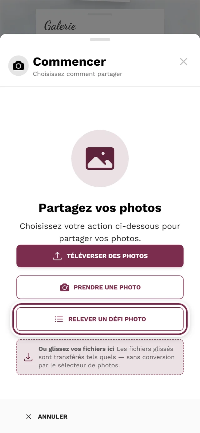 Première étape de la boîte de dialogue de téléversement, le point d'entrée vers le défi photo est mis en évidence