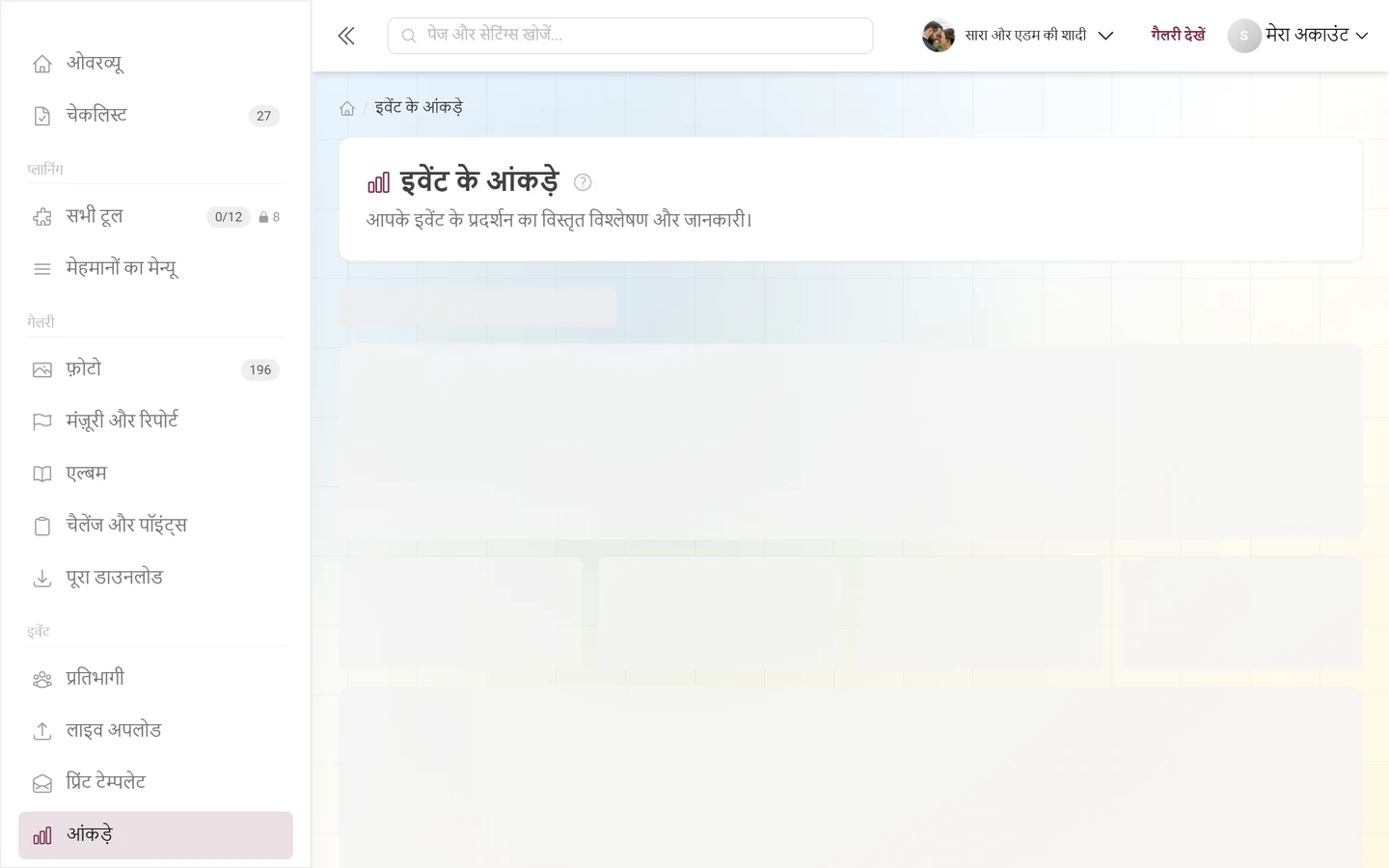 समय-सीमा की पट्टी, पांच टैब और ओवरव्यू के साथ आंकड़ों वाला पेज