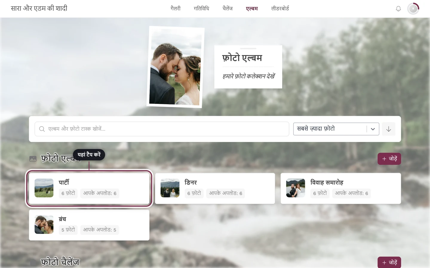 एल्बम ओवरव्यू, जिसमें पहली एल्बम टाइल, उसका कवर और फ़ोटो की संख्या हाइलाइट हैं