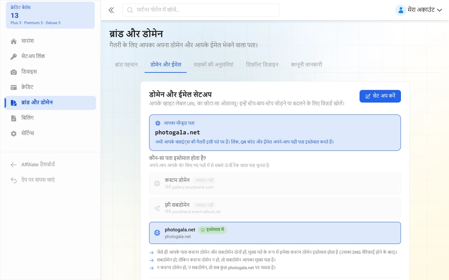 ब्रांड मैनेजमेंट का डोमेन और ईमेल टैब