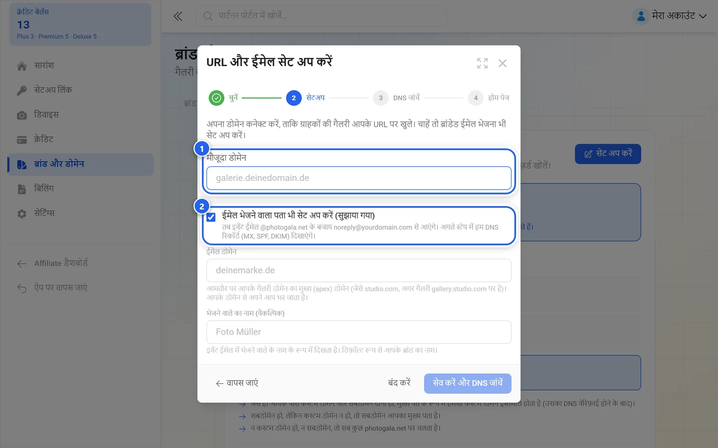 अपने डोमेन वाला असिस्टेंट चरण, जिसमें डोमेन का फ़ील्ड और ईमेल भेजने वाले का चेकबॉक्स चिह्नित है
