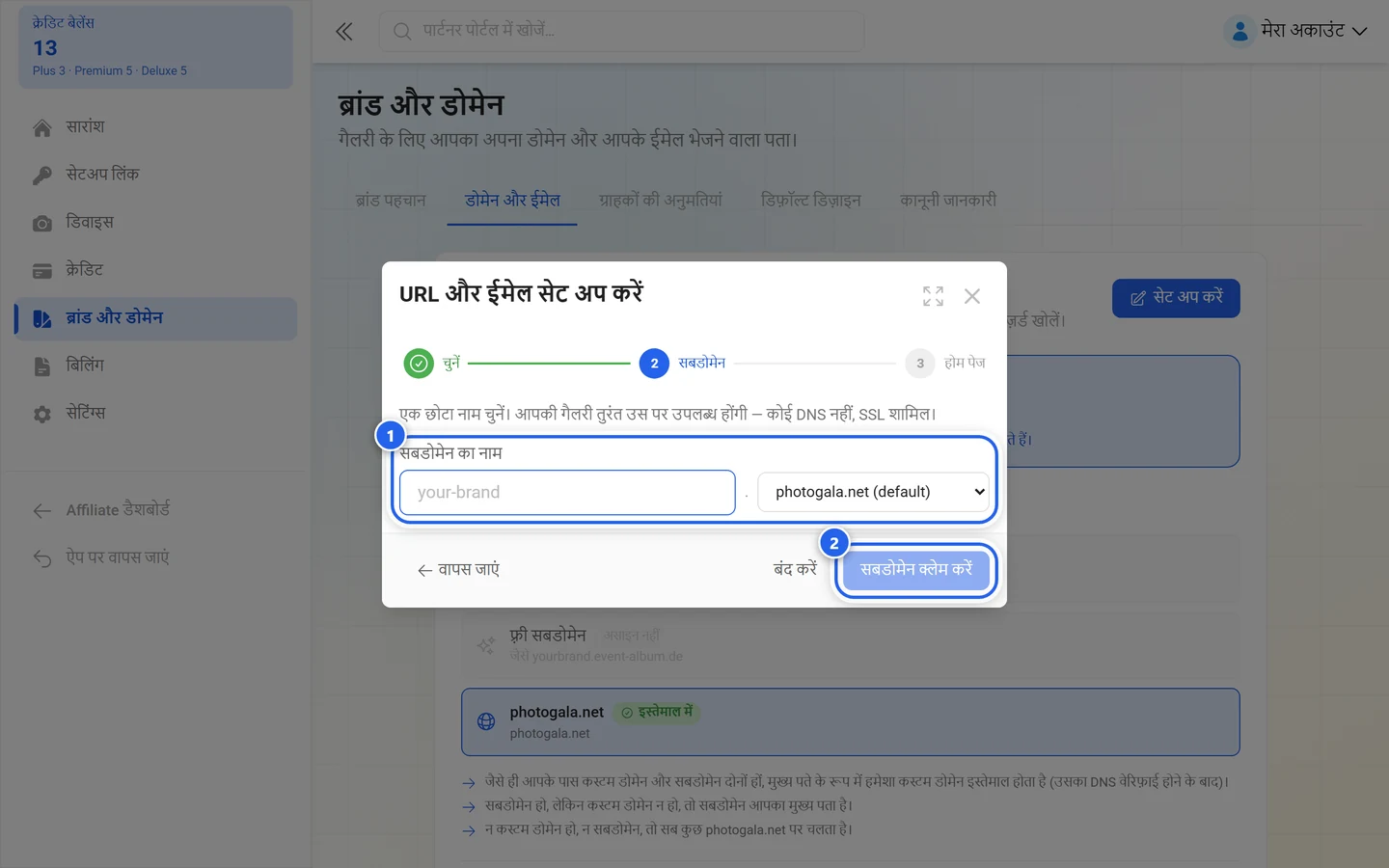असिस्टेंट का सबडोमेन वाला चरण, जिसमें नाम का फ़ील्ड और सबडोमेन लें बटन पर निशान है