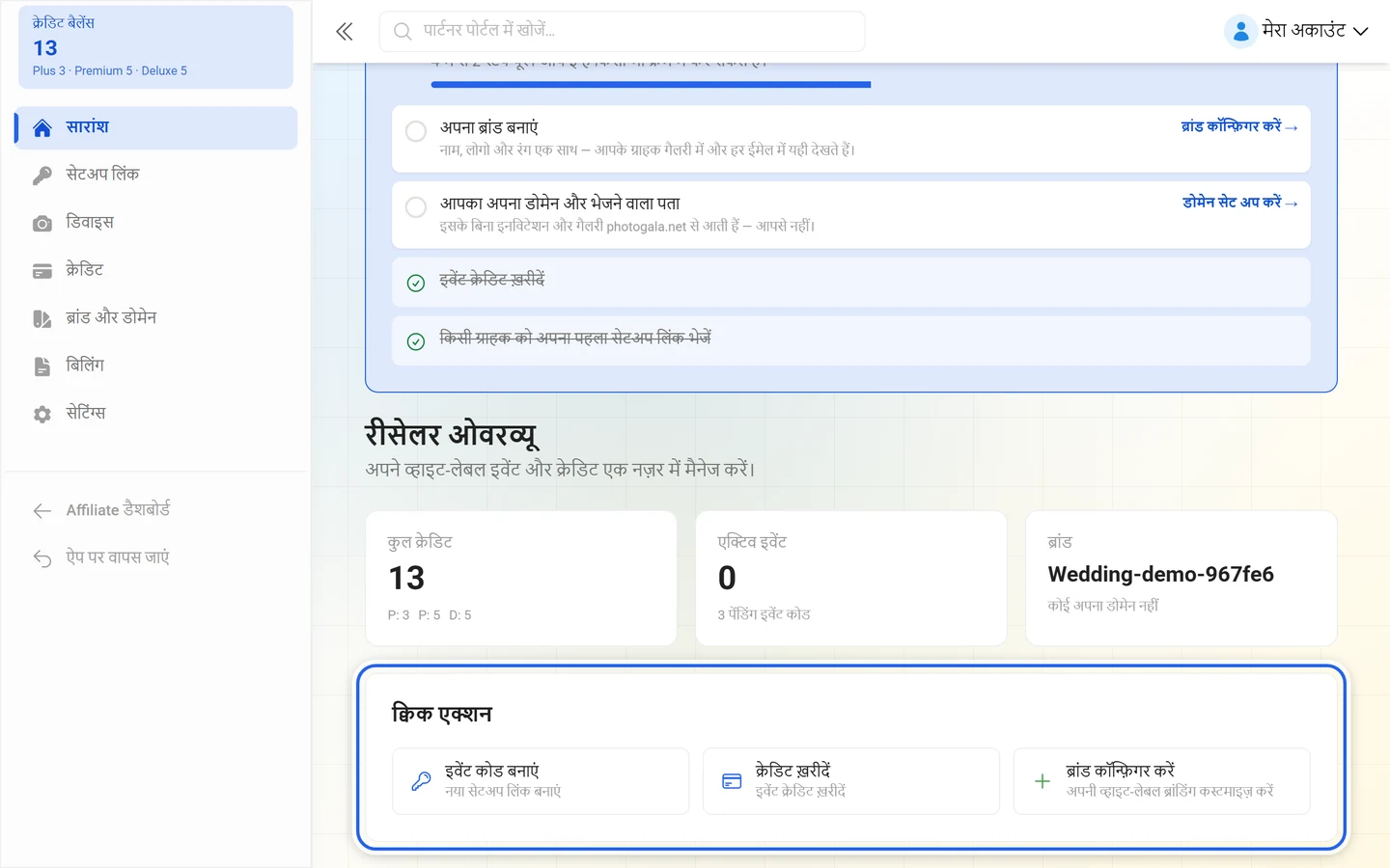 रीसेलर सारांश, जिसमें क्विक एक्शन वाले कार्ड पर निशान है