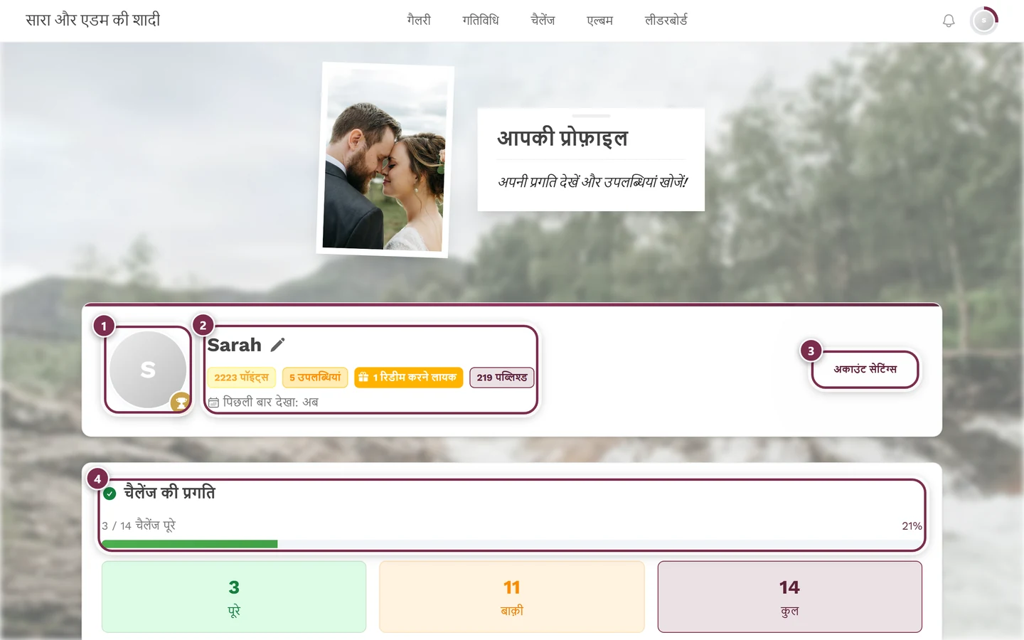 अपना प्रोफ़ाइल पेज, जिसमें उपनाम और आंकड़ों के कार्ड हैं