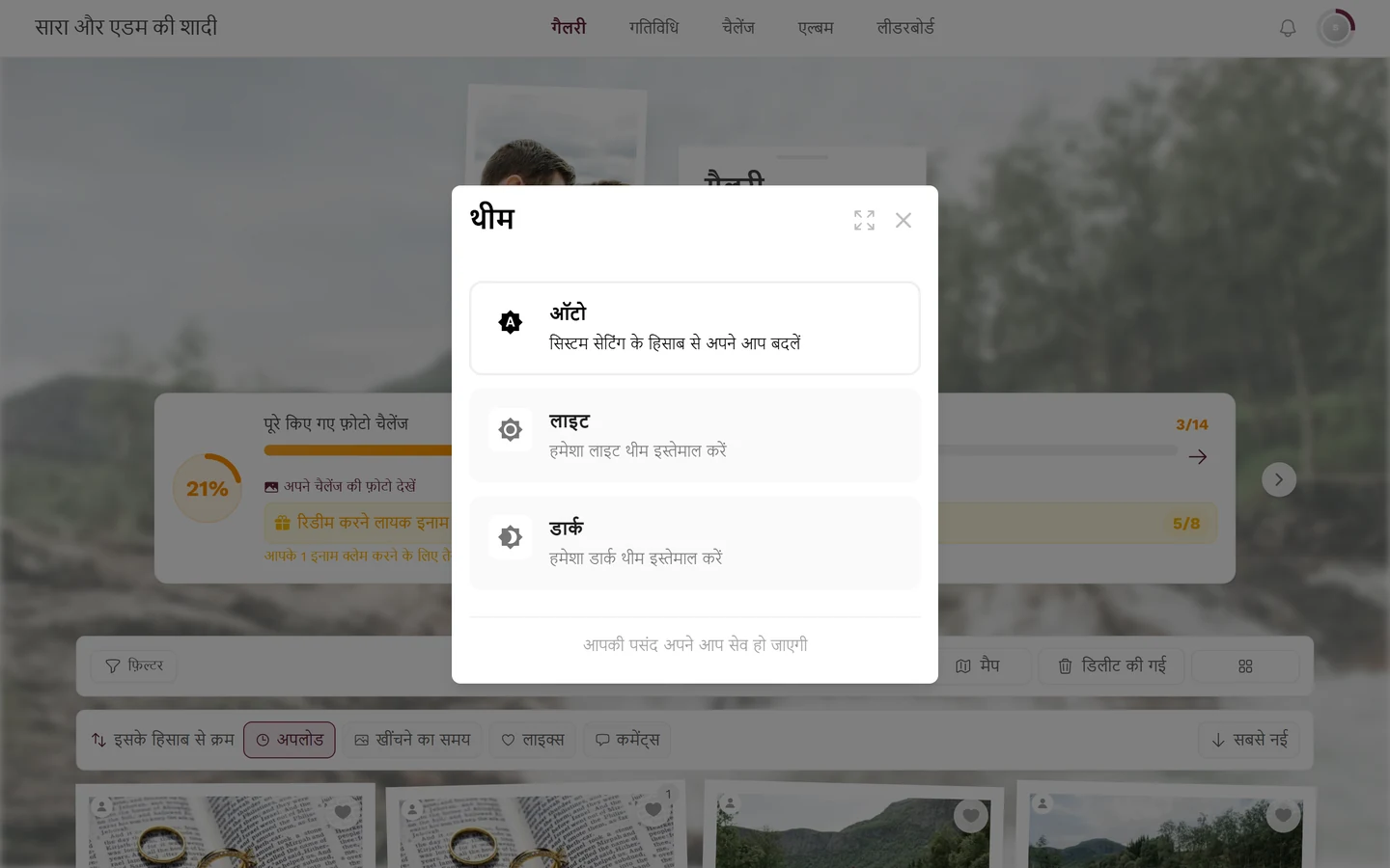 थीम डायलॉग, जिसमें ऑटो, लाइट और डार्क तीन विकल्प हैं