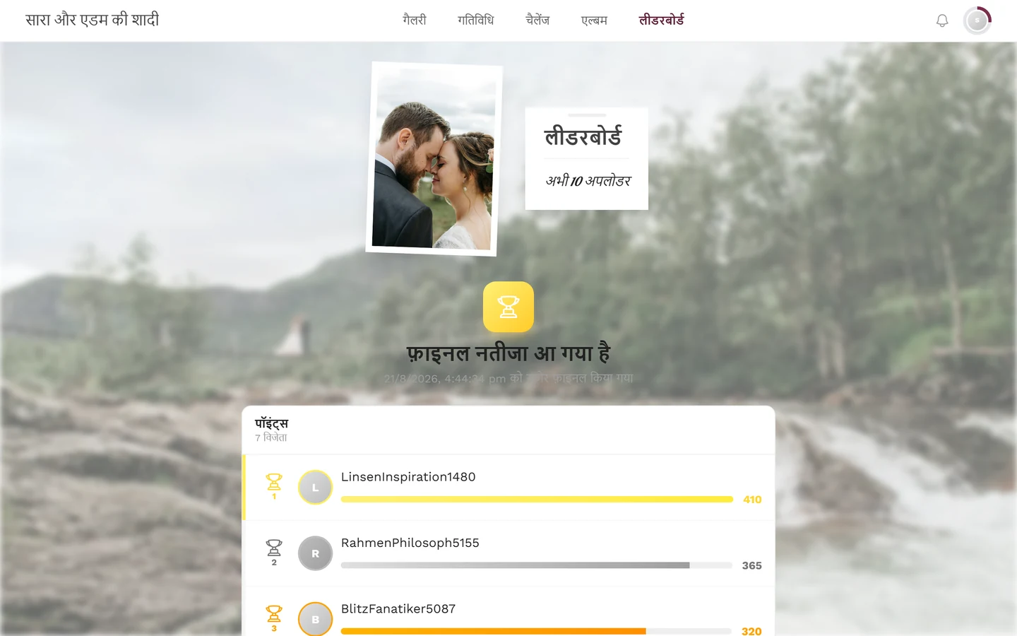 अंतिम नतीजे का पेज, जिसमें ट्रॉफ़ी, फ़्रीज़ का समय और स्थान हैं