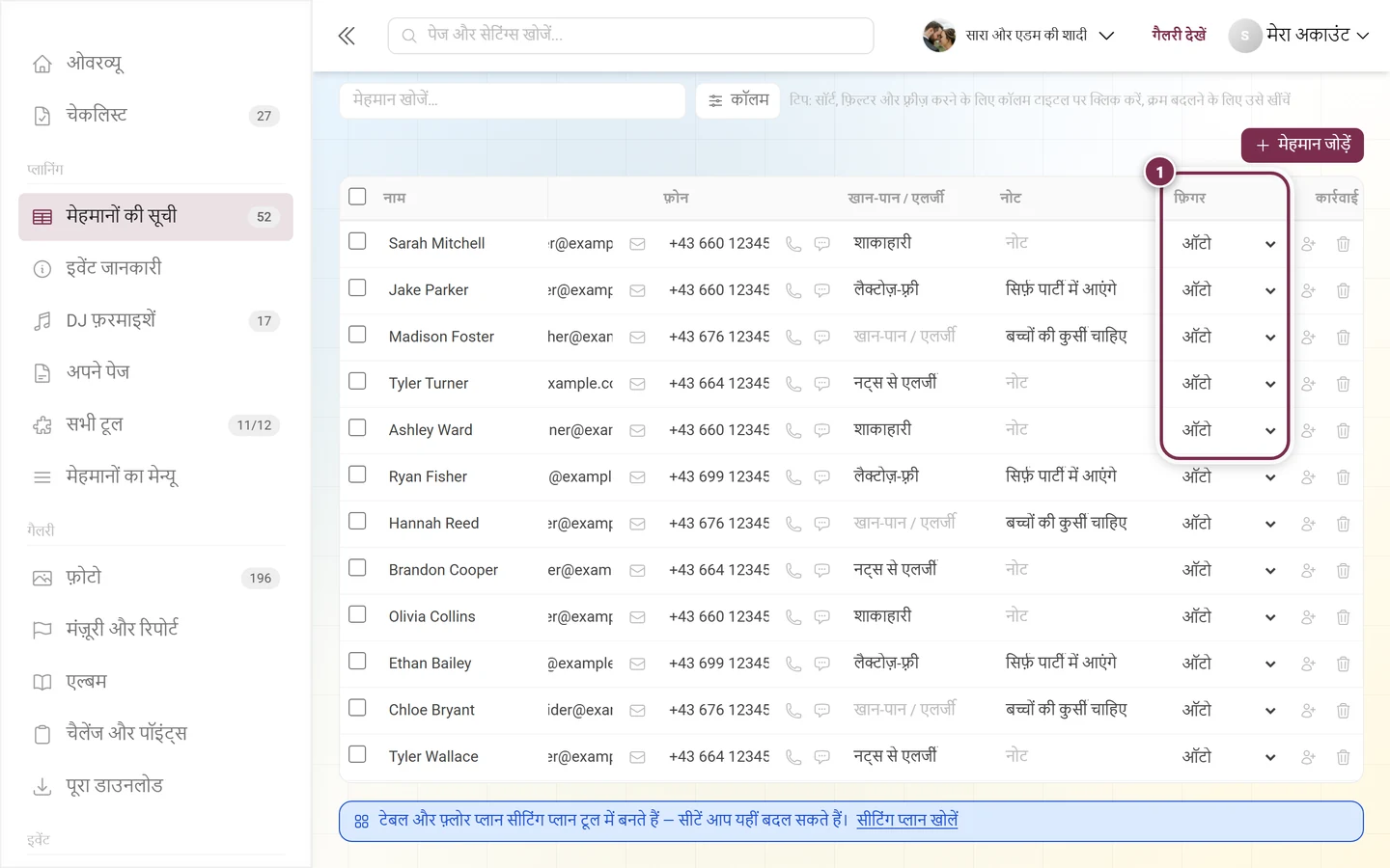 मेहमानों की सूची के आख़िरी कॉलम, जिनमें कॉलम फ़िगर चिह्नित है