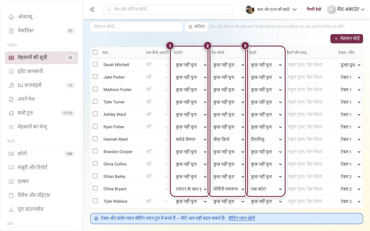 मेहमानों की सूची के तीन मेन्यू कॉलम – स्टार्टर, मेन कोर्स और मिठाई, तीनों चिह्नित