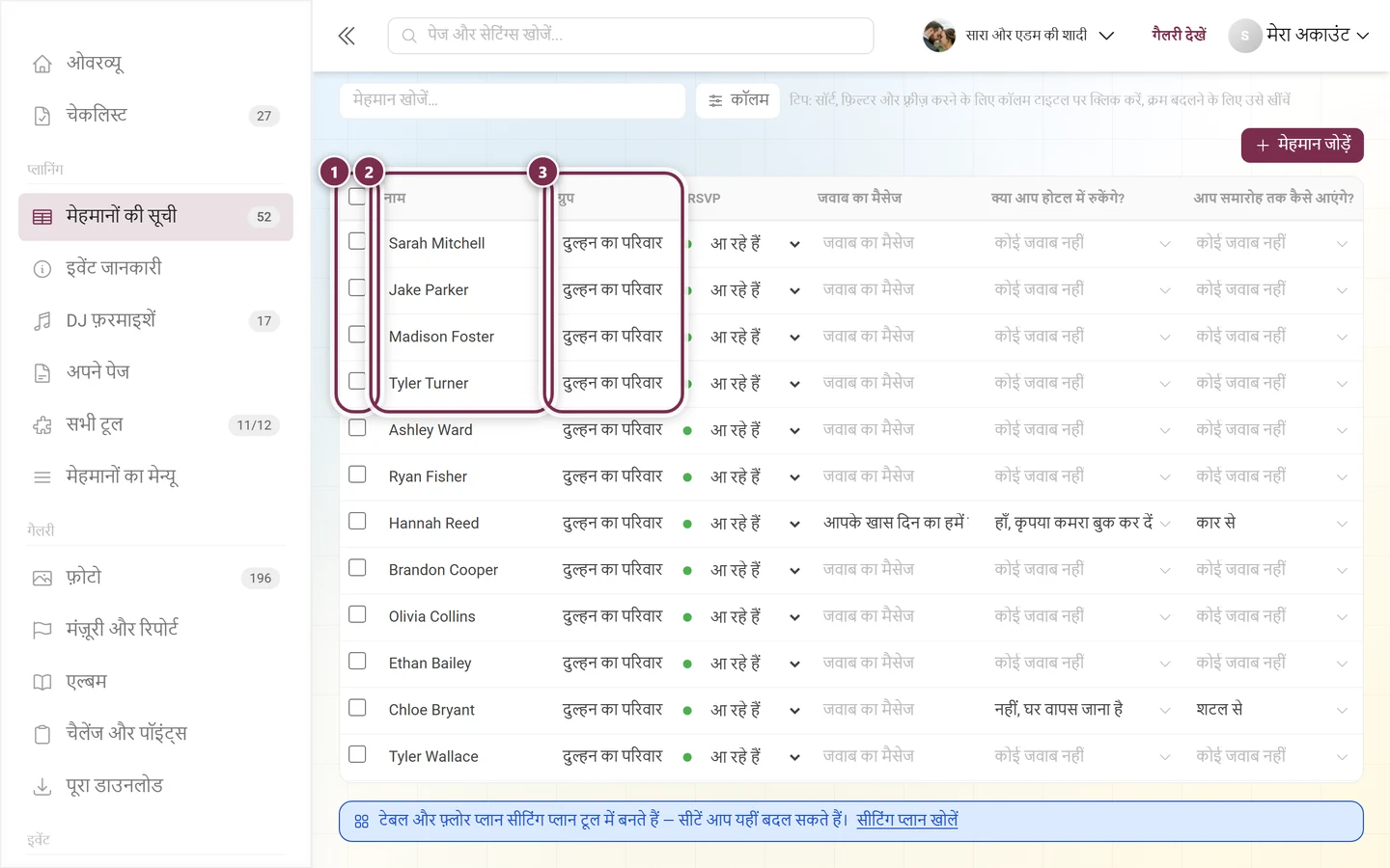 मेहमानों की सूची के पहले कॉलम, जिनमें चुनने वाला कॉलम, नाम और ग्रुप चिह्नित हैं