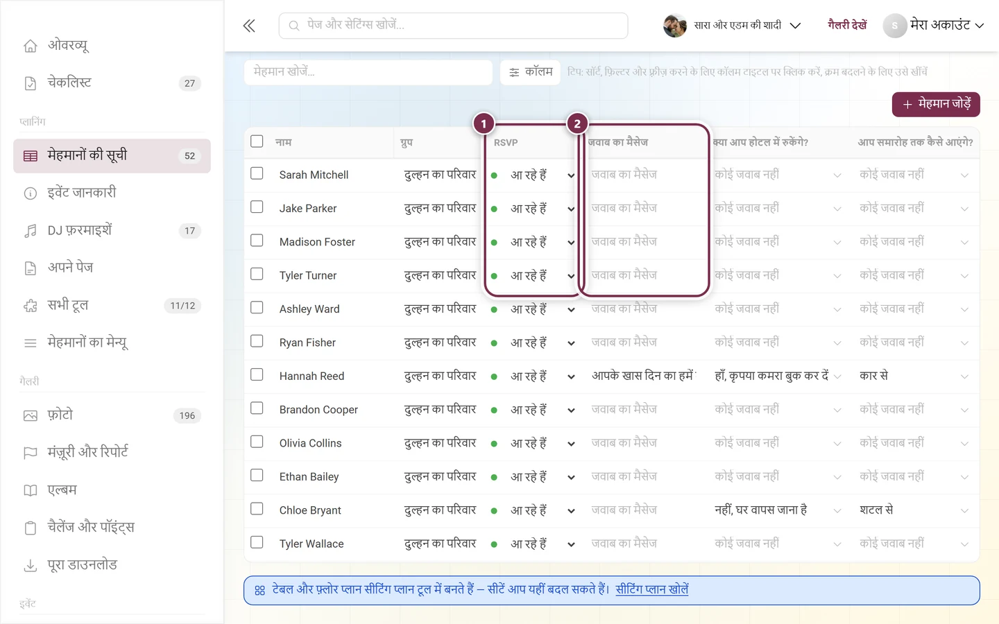 मेहमानों की सूची के कॉलम RSVP और जवाब का मैसेज, दोनों चिह्नित