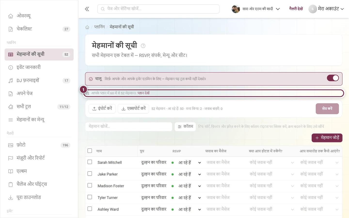 मेहमानों की सूची, जिसमें एक्शन बार के ऊपर पतली सूचना पट्टी चिह्नित है