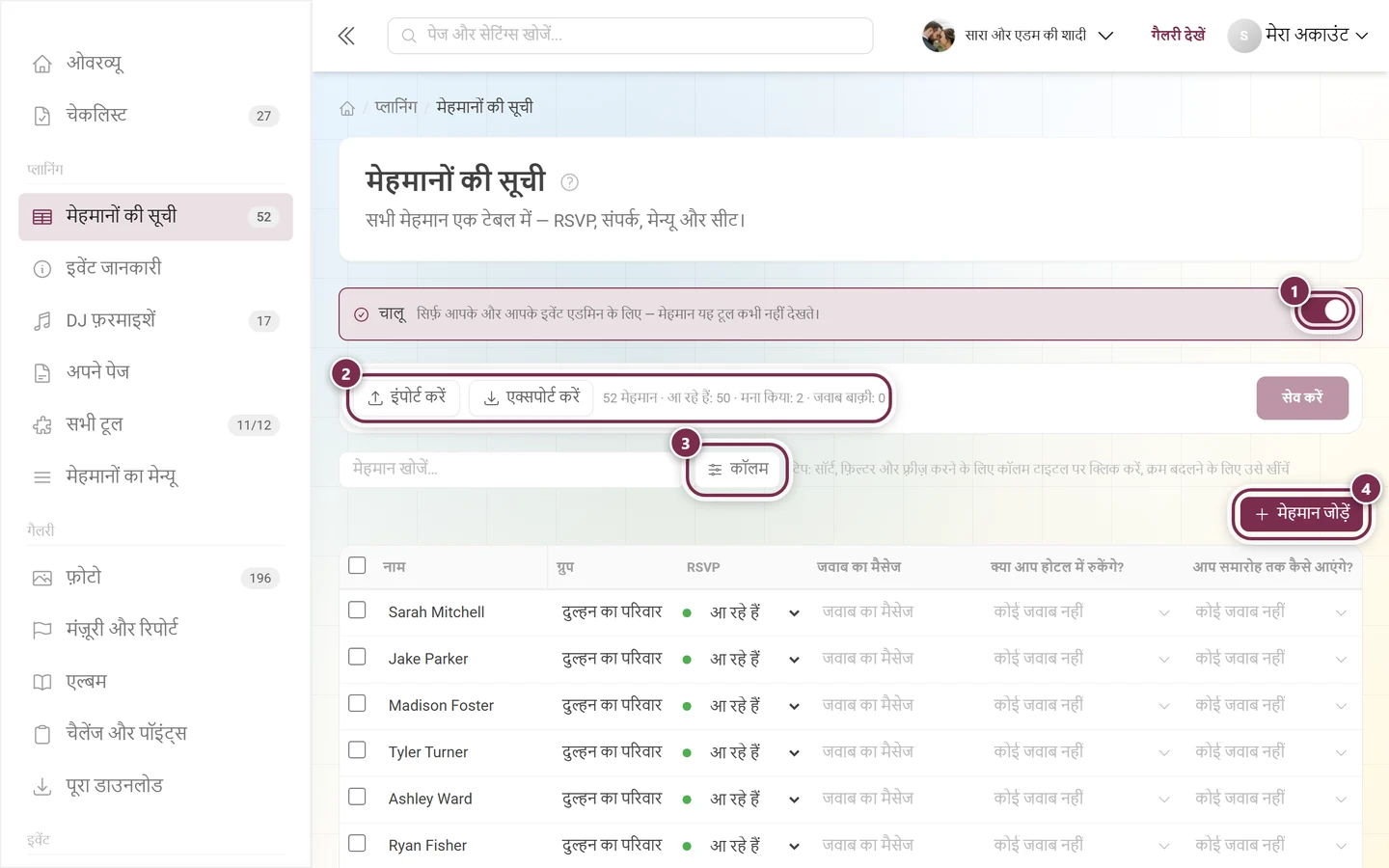 मेहमानों की सूची, जिसमें एक्टिव स्विच, इंपोर्ट और एक्सपोर्ट, कॉलम बटन और मेहमान जोड़ें चिह्नित हैं