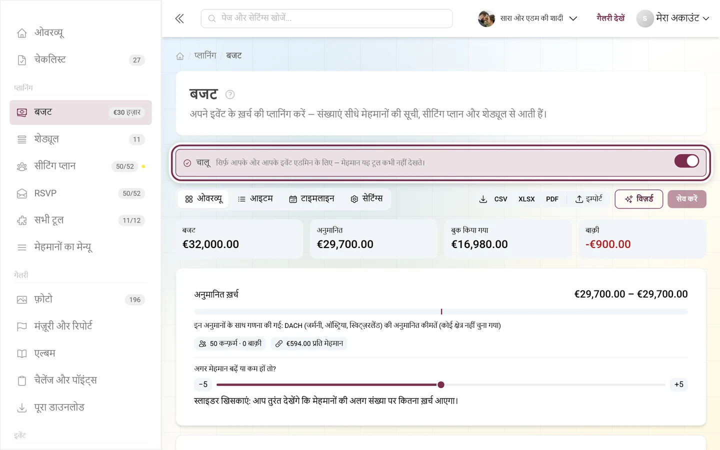 बजट एडिटर, सिर्फ़ एडमिन वाले टूल की समझाने वाली पंक्ति के साथ