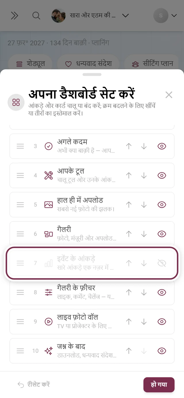 हाइलाइट किए गए इवेंट के आंकड़े कार्ड के साथ डैशबोर्ड सेट करें डायलॉग