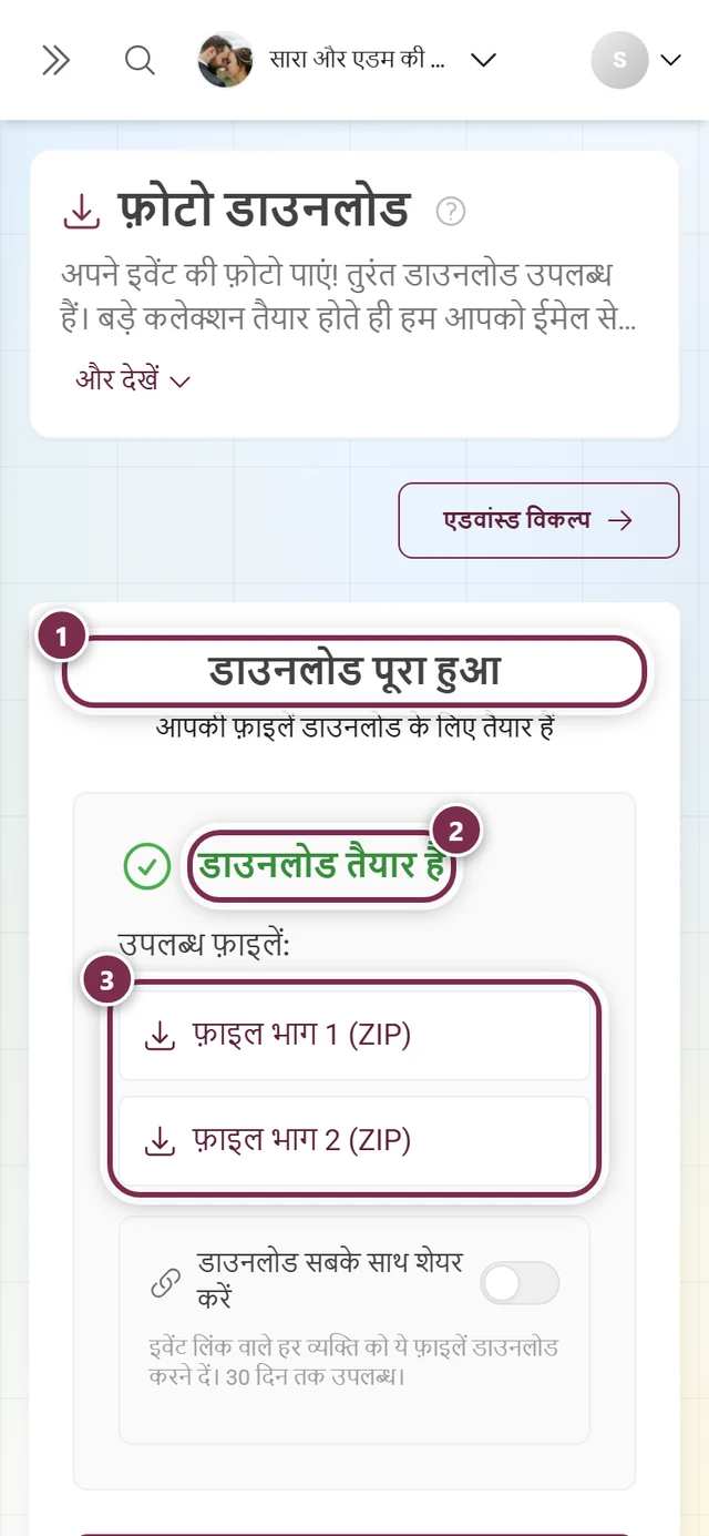 डाउनलोड पूरा हुआ शीर्षक, हरे संकेत “डाउनलोड तैयार है” और ZIP के दो हिस्सों वाली नतीजा स्क्रीन, सभी चिह्नित