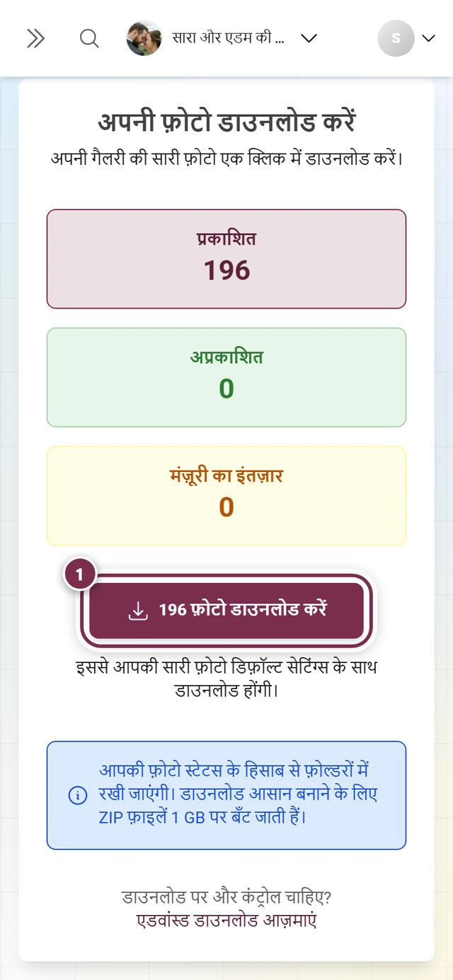 फ़ोटो की संख्या वाला डाउनलोड बटन, चिह्नित