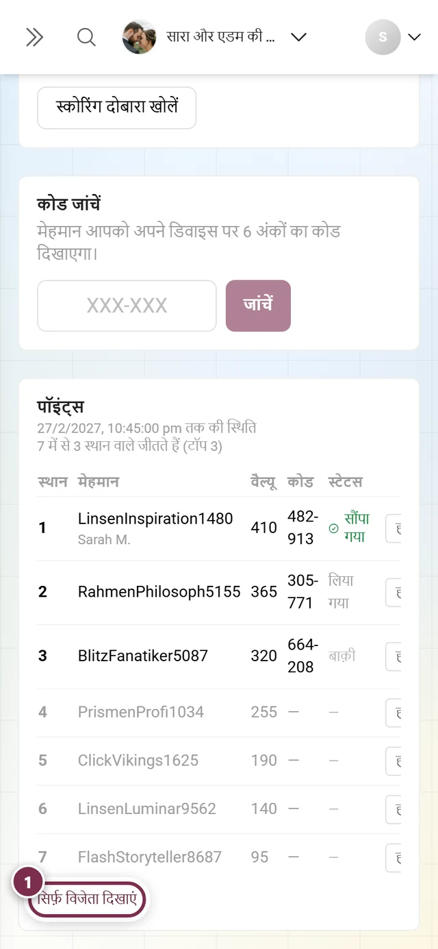 सभी सात रैंक वाली विजेताओं की टेबल, चार से सात तक के स्थान बिना कोड के