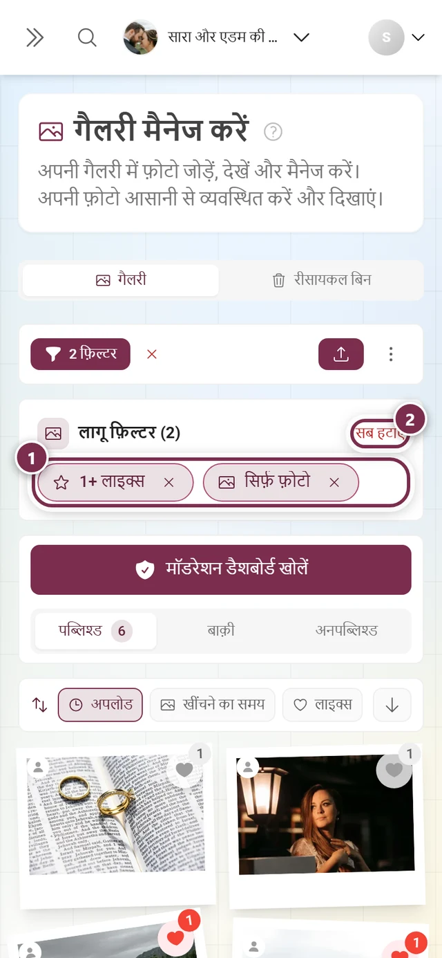चालू फ़िल्टर की पट्टी, जिसमें दो चिप और सब हटाएं बटन है