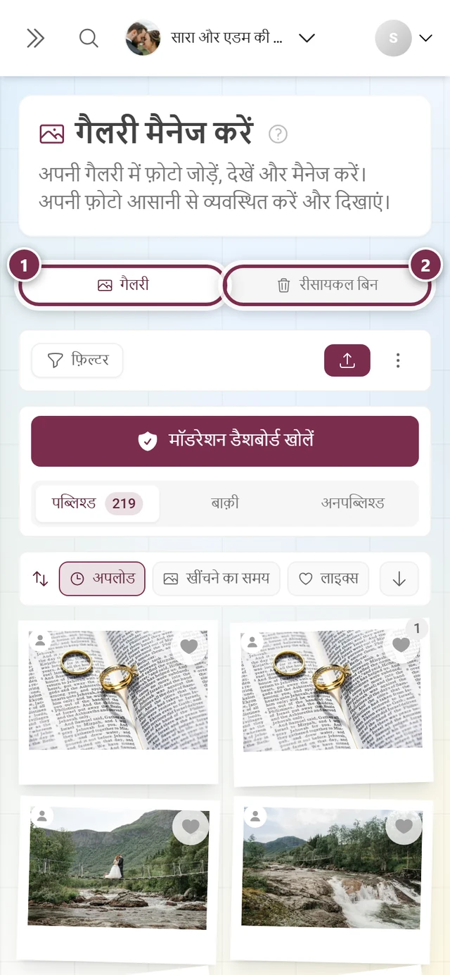 पेज की टैब पट्टी, जिसमें गैलरी और रीसायकल बिन टैब चिह्नित हैं