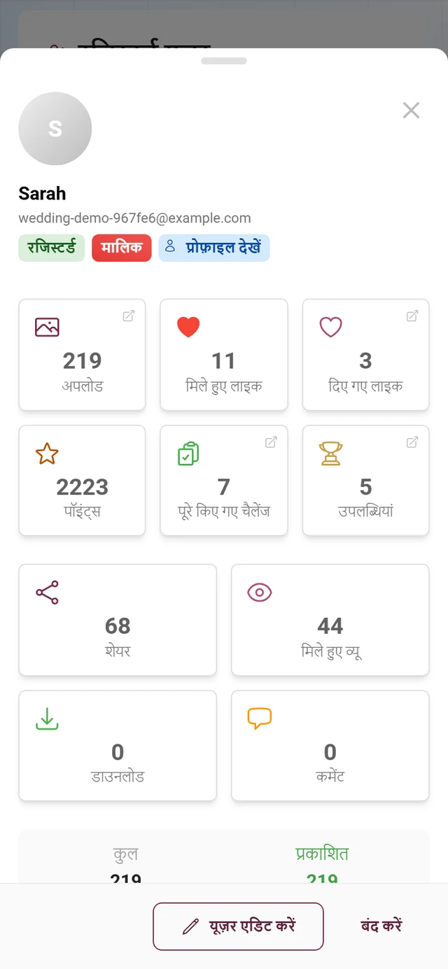 यूज़र का डिटेल डायलॉग, जिसमें आंकड़ों की टाइलें, अपलोड का सार और जुड़ाव बार है