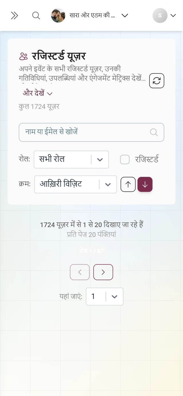टेबल व्यू में प्रतिभागियों की सूची, जिसमें यूज़र, रोल, गतिविधि और अन्य जानकारी के कॉलम हैं