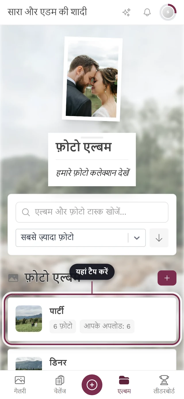 एल्बम ओवरव्यू, जिसमें पहली एल्बम टाइल, उसका कवर और फ़ोटो की संख्या हाइलाइट हैं