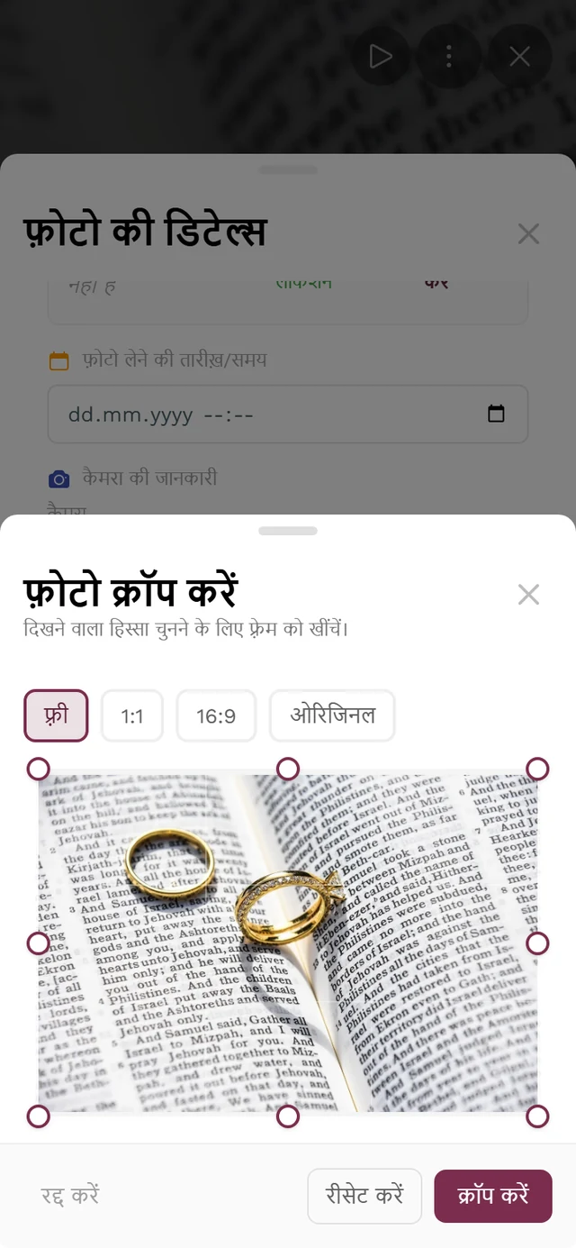 फ़ोटो क्रॉप करें डायलॉग, जिसमें फ़्री, 1:1, 16:9 और ओरिजिनल आस्पेक्ट रेशियो, गोल कोने वाले हैंडल के साथ फ़्रेम और रद्द करें, रीसेट करें व क्रॉप करें बटन हैं
