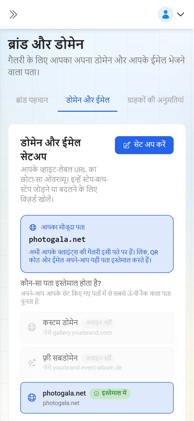 ब्रांड मैनेजमेंट का डोमेन और ईमेल टैब