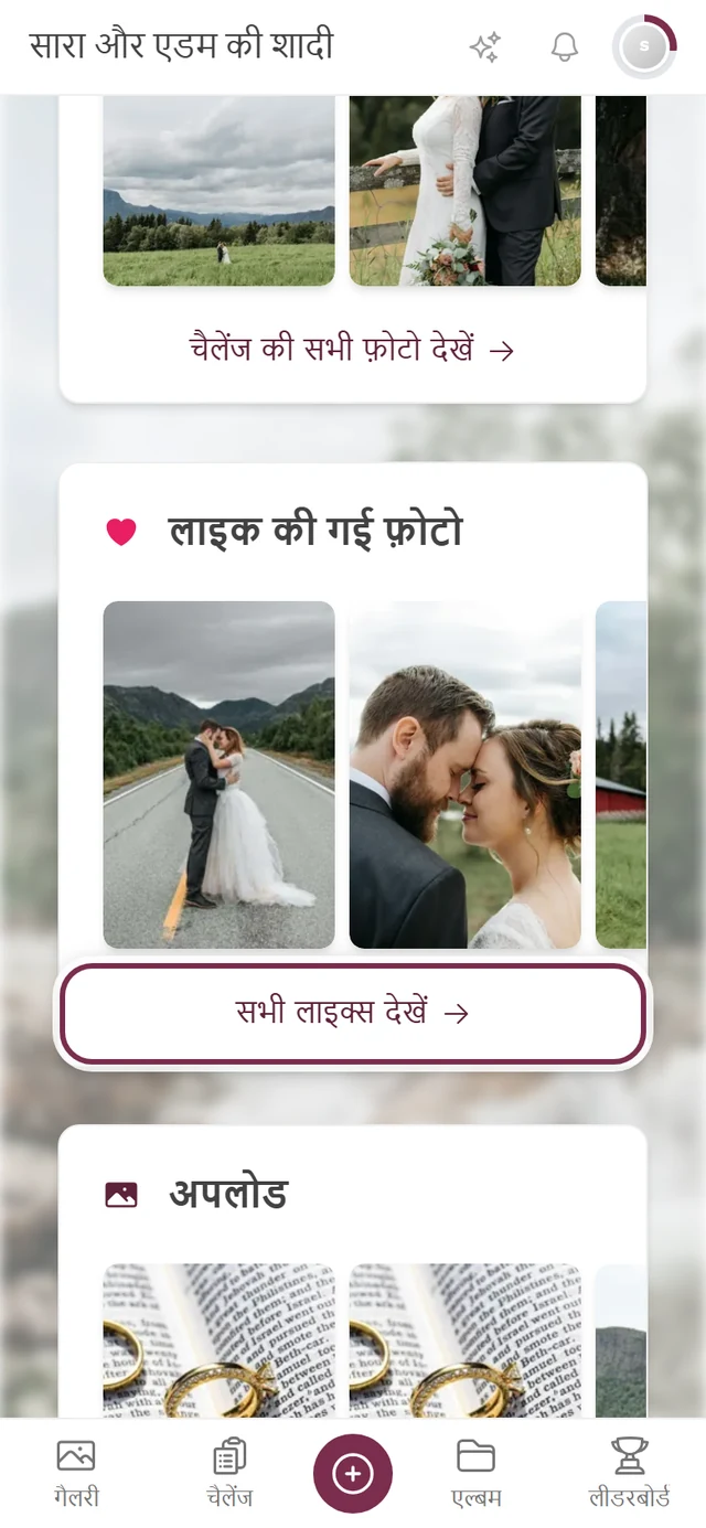 प्रोफ़ाइल पेज, लाइक की गई फ़ोटो वाला हिस्सा, जिसमें सभी लाइक्स देखें लिंक चिह्नित है
