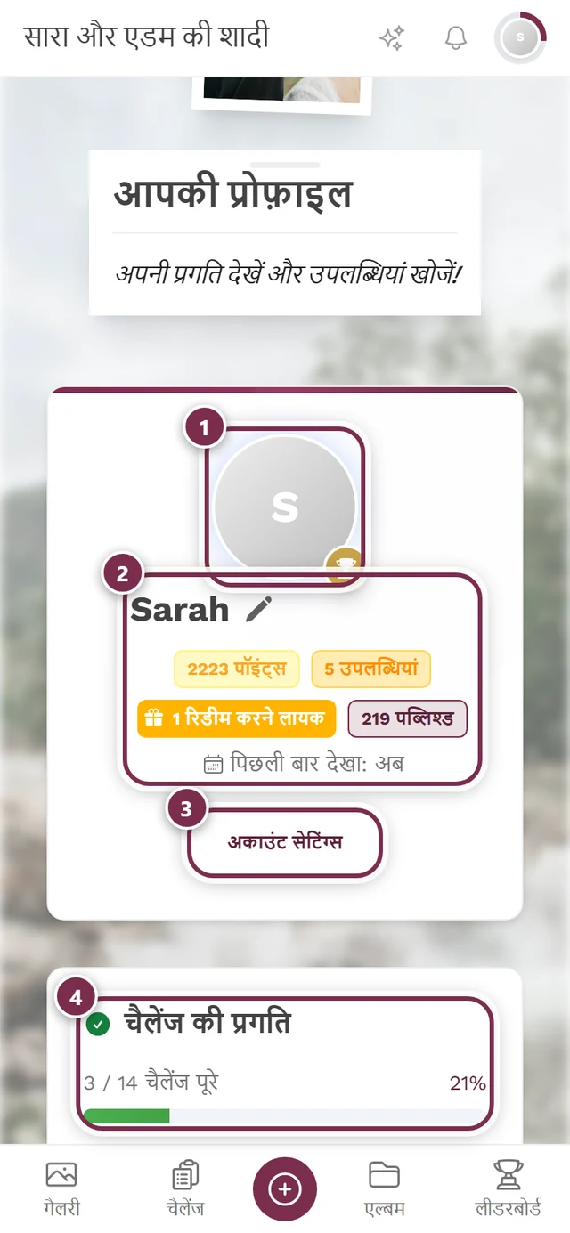 अपना प्रोफ़ाइल पेज, जिसमें उपनाम और आंकड़ों के कार्ड हैं