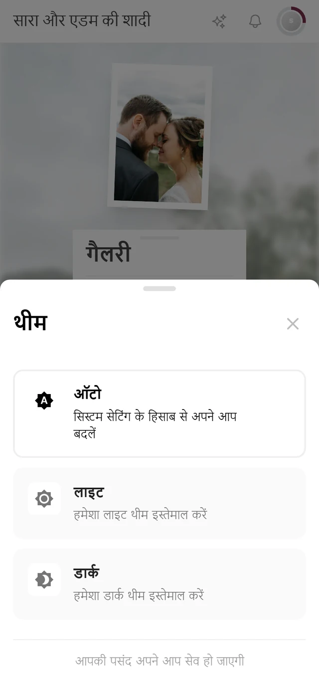 थीम डायलॉग, जिसमें ऑटो, लाइट और डार्क तीन विकल्प हैं