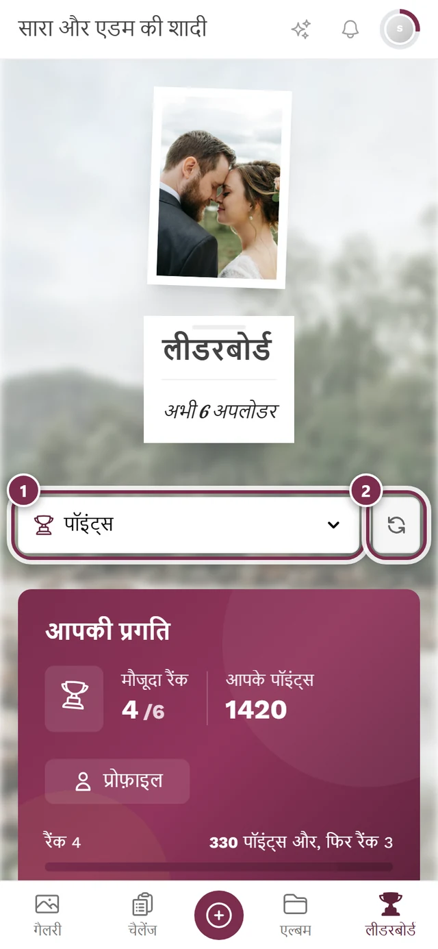 लीडरबोर्ड का हेडर, जिसमें रैंकिंग चुनने वाला और रीफ़्रेश बटन लाल रंग से चिह्नित हैं