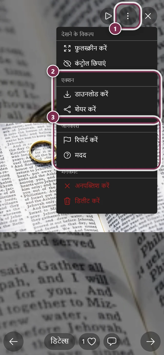 खुला तीन-बिंदु मेन्यू, जिसमें कंट्रोल छिपाएं, डाउनलोड करें, शेयर करें, रिपोर्ट करें और मदद हैं