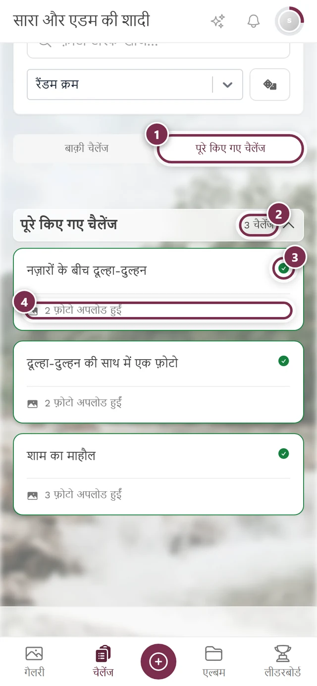 पूरे किए गए चैलेंज टैब, जिसमें चार निशान हैं: चालू टैब, काउंटर, हरा सही का निशान, अपनी फ़ोटो की संख्या