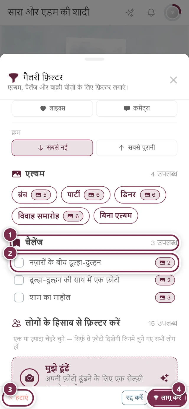 गैलरी फ़िल्टर डायलॉग, जिसमें चार निशान हैं: चैलेंज सेक्शन का हेडर, पहला चेकबॉक्स, हटाएं, लागू करें