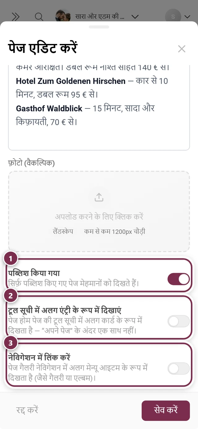 पेज डायलॉग के तीन स्विच, हर एक अलग से हाइलाइट