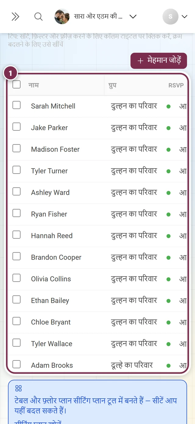 फ़ोन पर मेहमानों की सूची, जिसमें टेबल का किनारे की ओर स्क्रोल होने वाला हिस्सा चिह्नित है