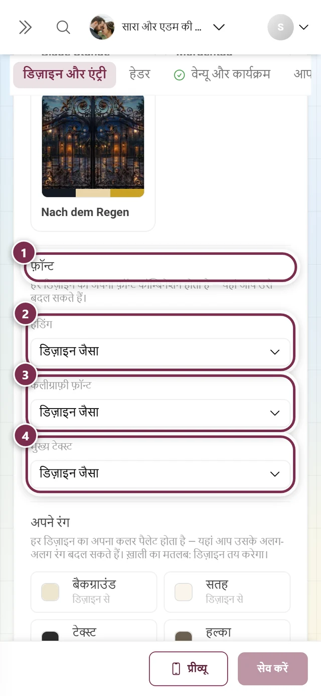 फ़ॉन्ट वाला हिस्सा, जिसमें शीर्षक और तीन भूमिकाओं के चारों ओर गिने हुए घेरे हैं