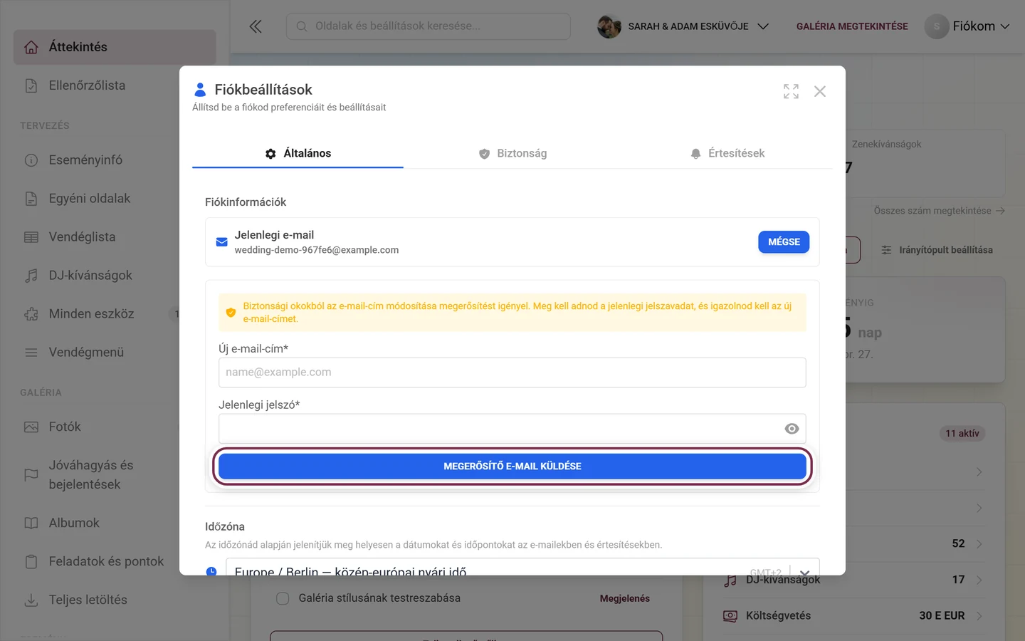 Fiókbeállítások a nyitott e-mail-módosítási űrlappal, kiemelve a Megerősítő e-mail küldése gombbal