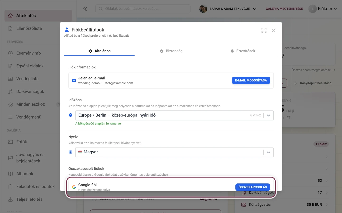 Fiókbeállítások, Összekapcsolt fiókok rész a kiemelt Google-fiók sorral
