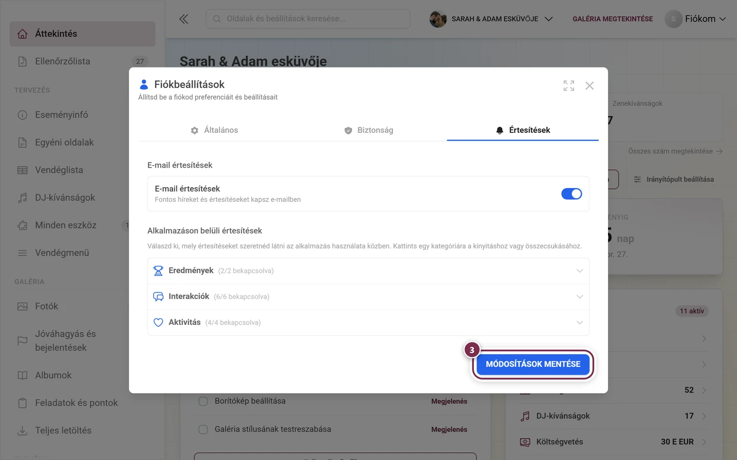 Az Értesítések fül alsó része a pirossal kiemelt Módosítások mentése gombbal