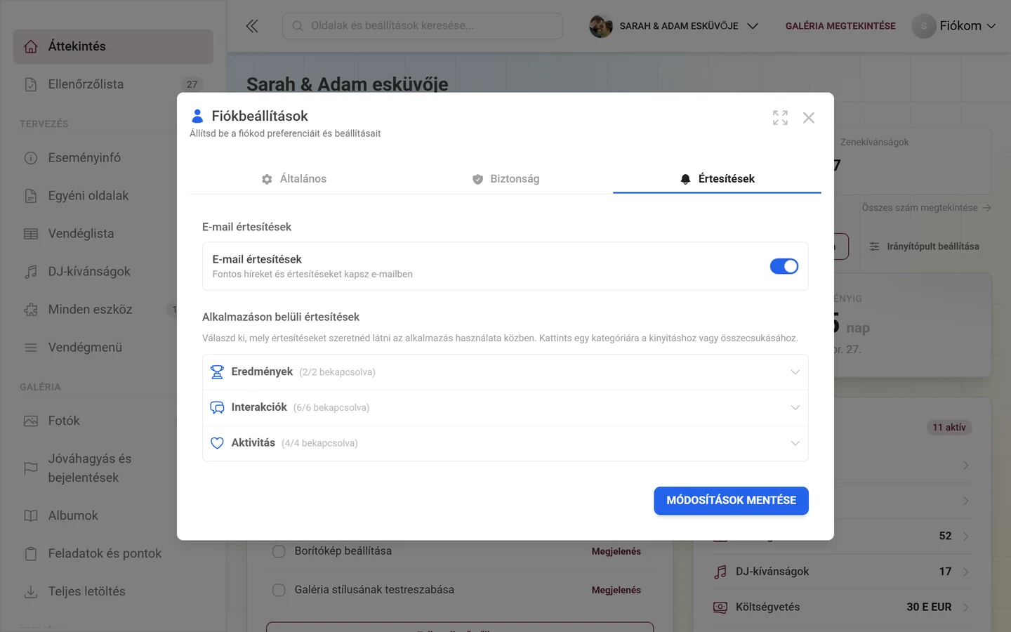 Fiókbeállítások párbeszédablak az aktív Értesítések füllel