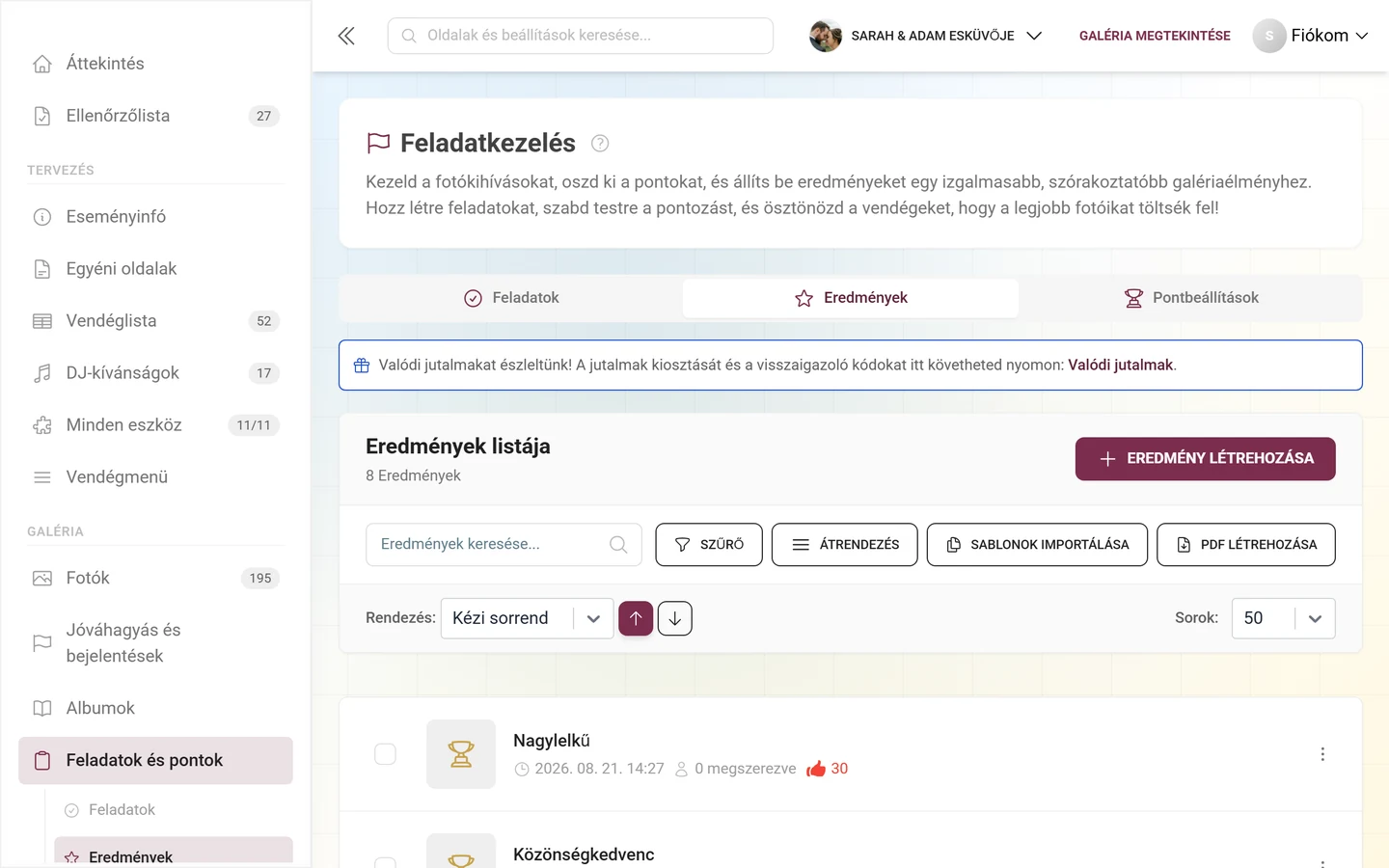 Eredménylista a Feladatok és pontok területen