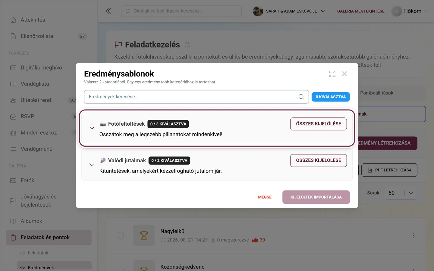 Eredménysablonok párbeszédablak az első kategóriasorral, pirossal jelölve