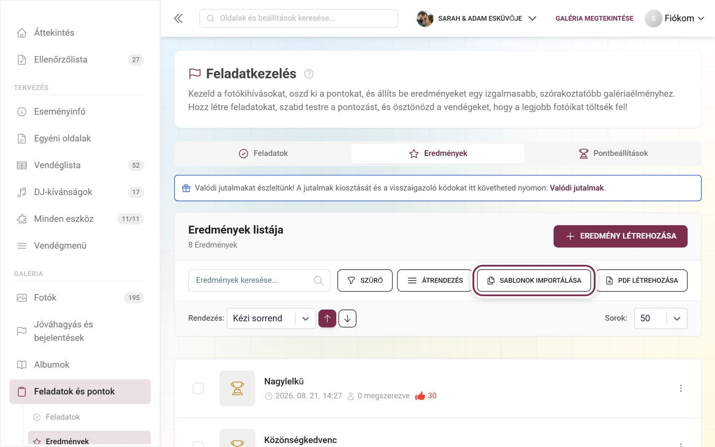Az eredménykezelés eszköztára a pirossal jelölt Sablonok importálása gombbal