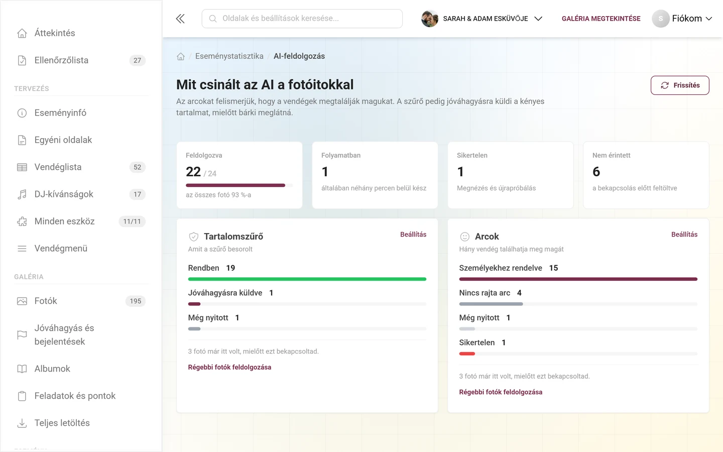 „Mit csinált az AI a fotóitokkal” oldal négy mutatószám-kártyával, valamint egy-egy kártyával a tartalomszűrőhöz és az arcokhoz