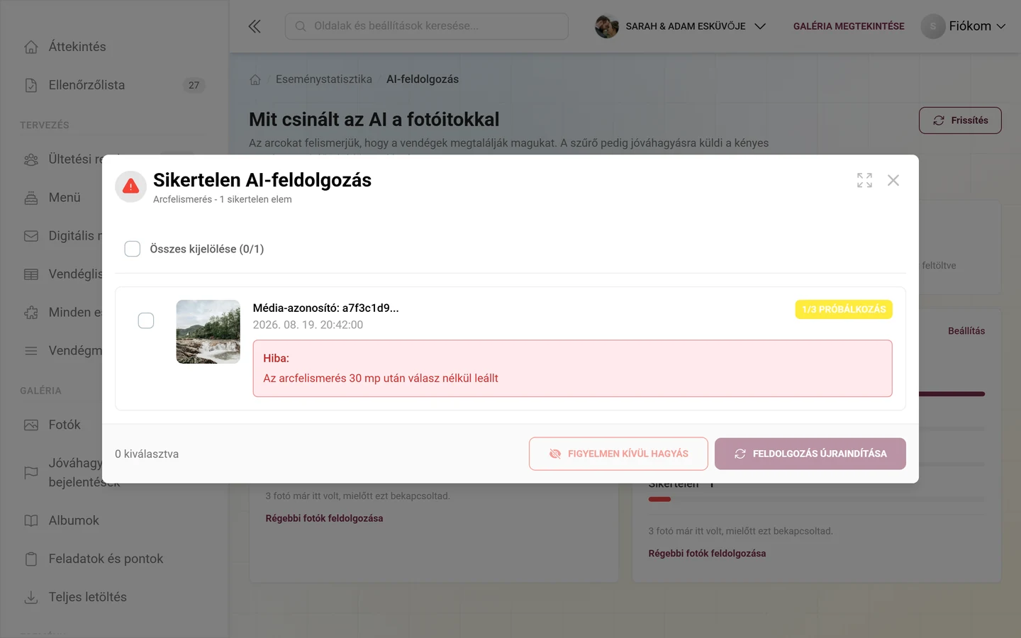 Sikertelen AI-feldolgozás párbeszédablak egy bejegyzéssel, előnézeti képpel, próbálkozás-jelölővel és piros hibadobozzal