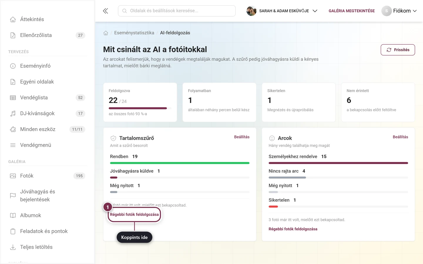 Az AI-feldolgozás funkciókártyája a kiemelt Régebbi fotók feldolgozása gombbal